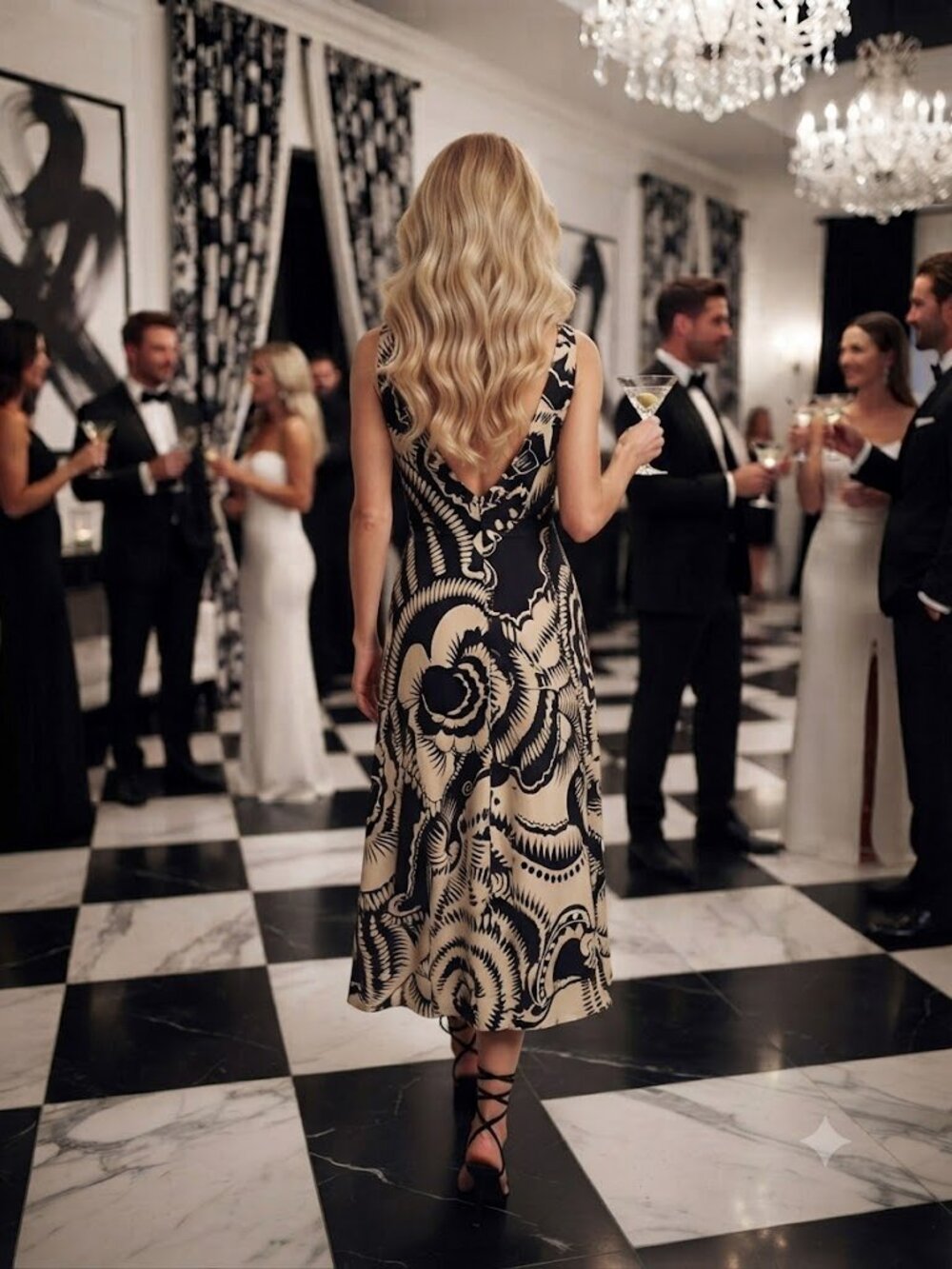 Calvin Klein Print V-Neck Satin Midi Cocktail Dress in Black/Soft White, Size 10 - Picture 3 of 9